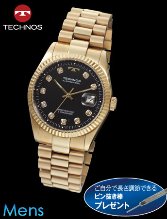 TECHNOS（テクノス）ラウンドデイト（ゴールドベルトｘブラック文字盤）（23-0578） e通販.com