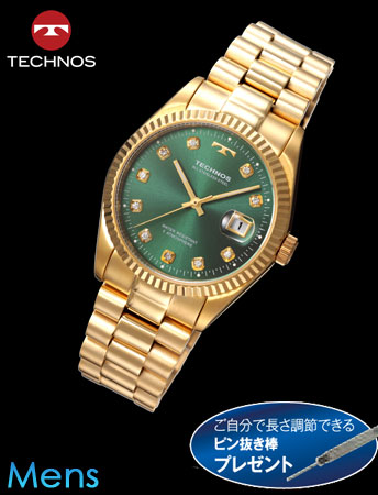 TECHNOS（テクノス）ラウンドデイト（ゴールドベルトｘグリーン文字盤）（23-0654） e通販.com